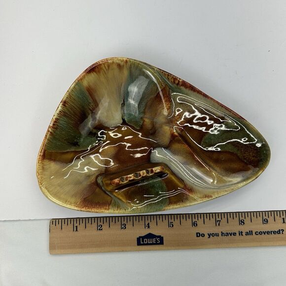 Vintage MCM Dryden Pottery Ozark Frontier Ashtray Brown Blue Drip Glaze 9.5” - Picture 10 of 12